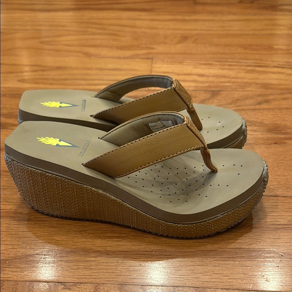 Volatile Tan Wedge Sandals with Thong Strap